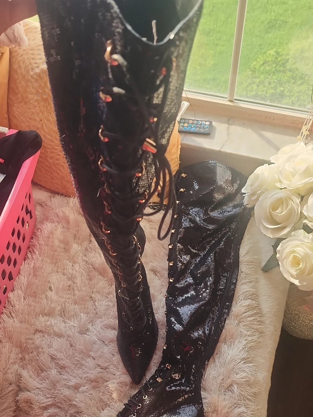 ♥️LIKE NEW Black Sequin Over-the-Knee Lace-Up Stiletto Boots!